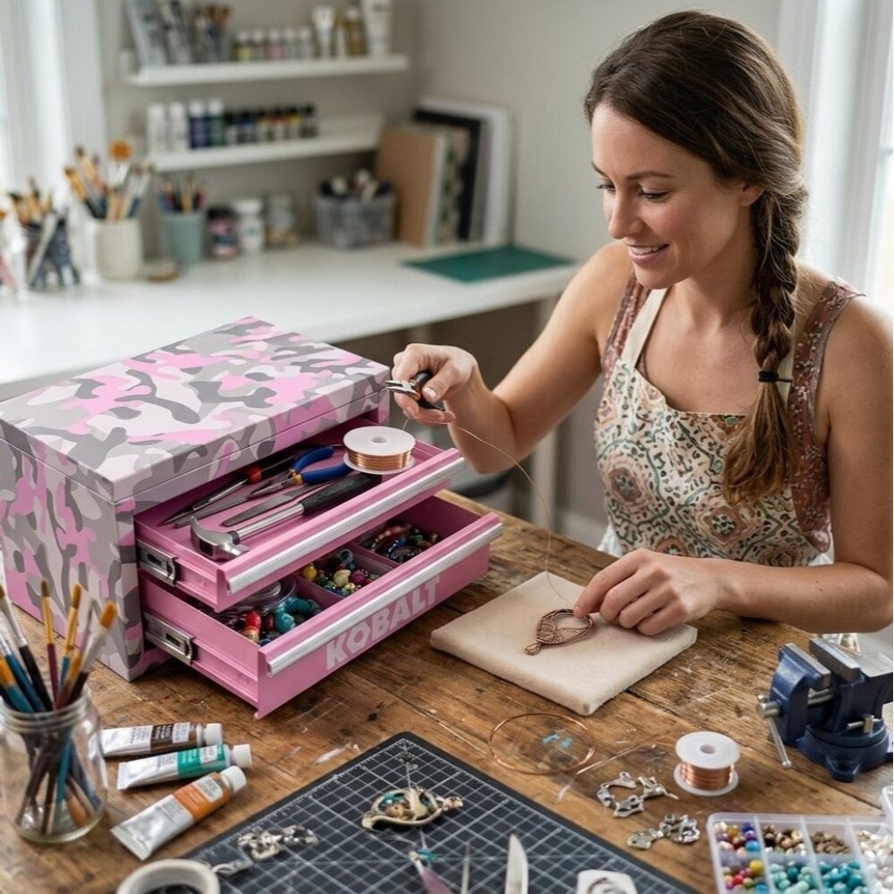 Kobalt Mini Pink Camo 2-Drawer Tool Box NEW Crafts Grooming CUTE